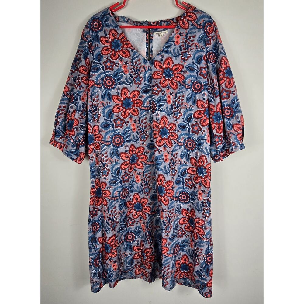 Fitzroy & Willa Puff Sleeve Midi Shift Dress Floral Boho Lined 100% Cotton XL
